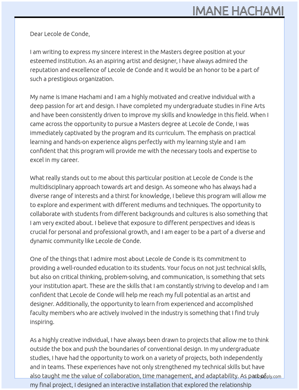 Masters degree  At Lecole de conde Cover Letter
