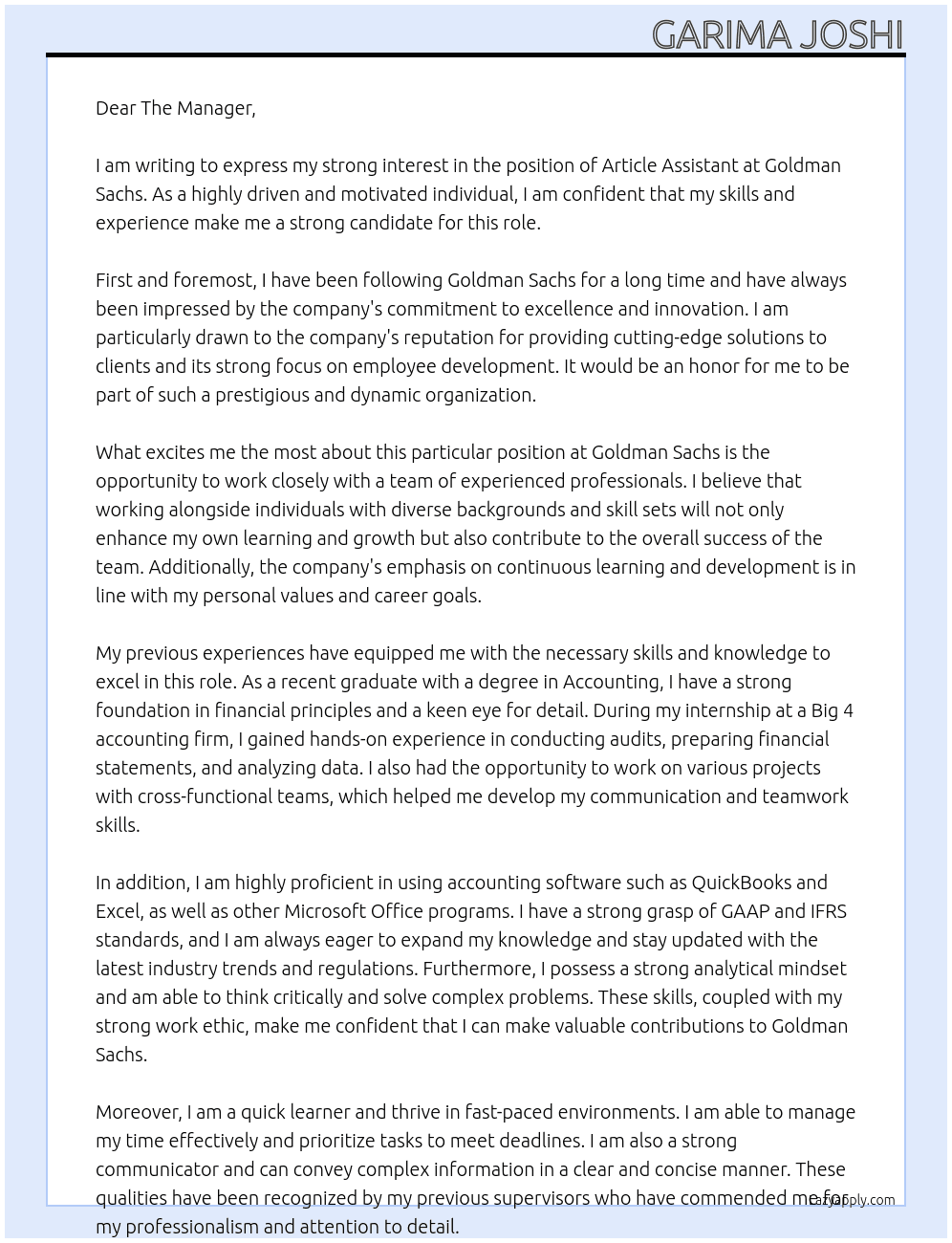 Article Assistant At Goldman Sachs Cover Letter