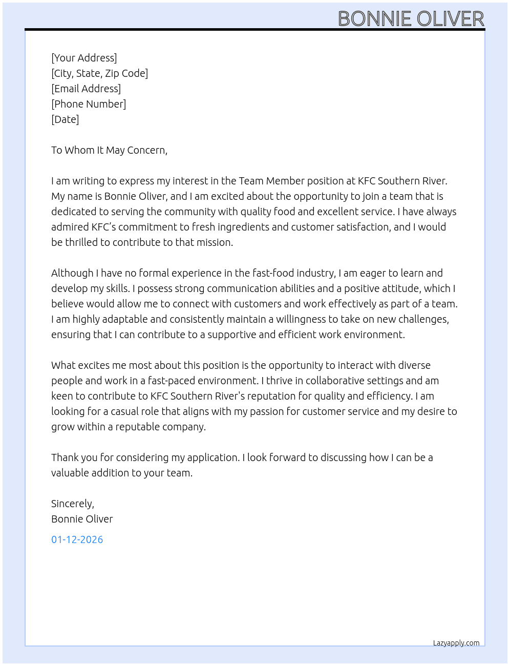 Team Member At KFC Southern River Cover Letter