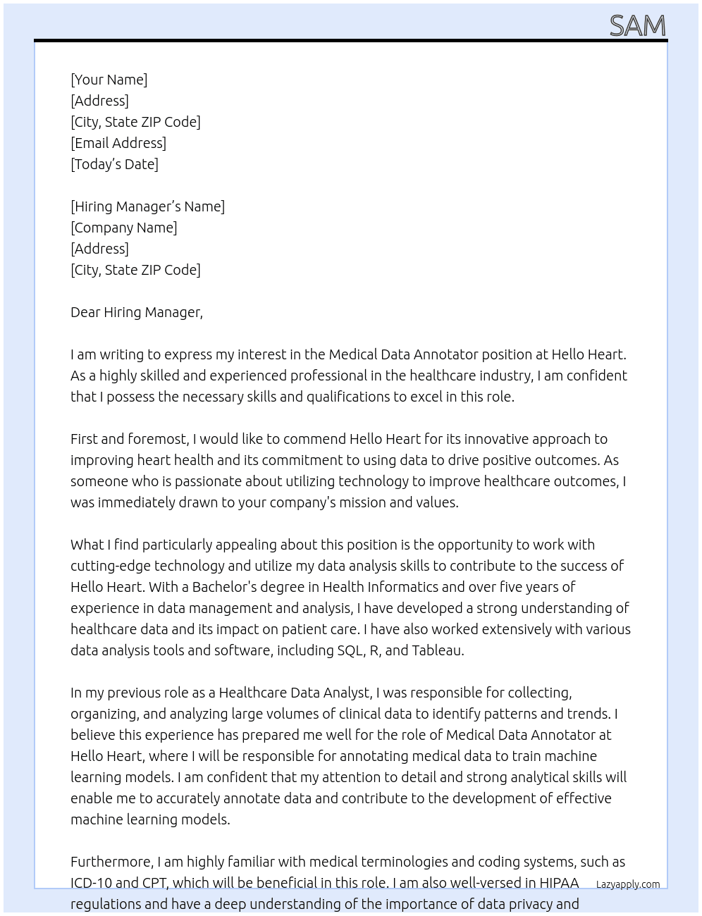 Medical Data Annotator At Hello Heart Cover Letter