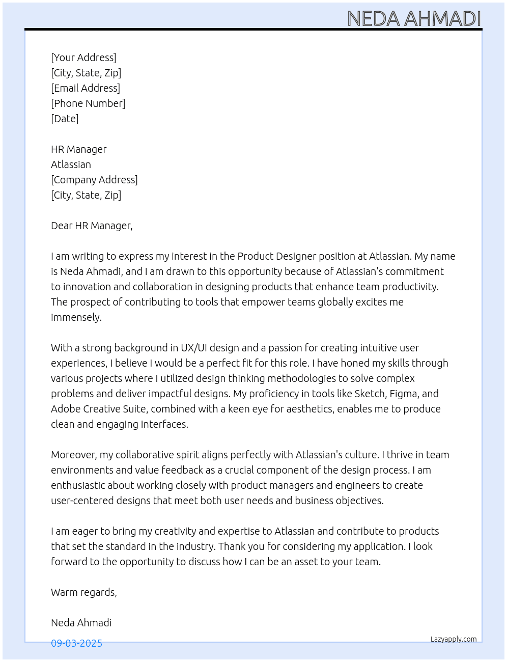 Product Designer At Attlasian Cover Letter