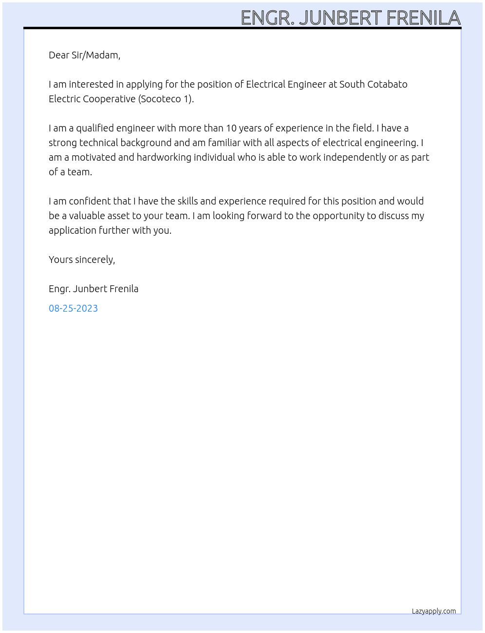 Electrical Engineer At Socoteco 1 Cover Letter