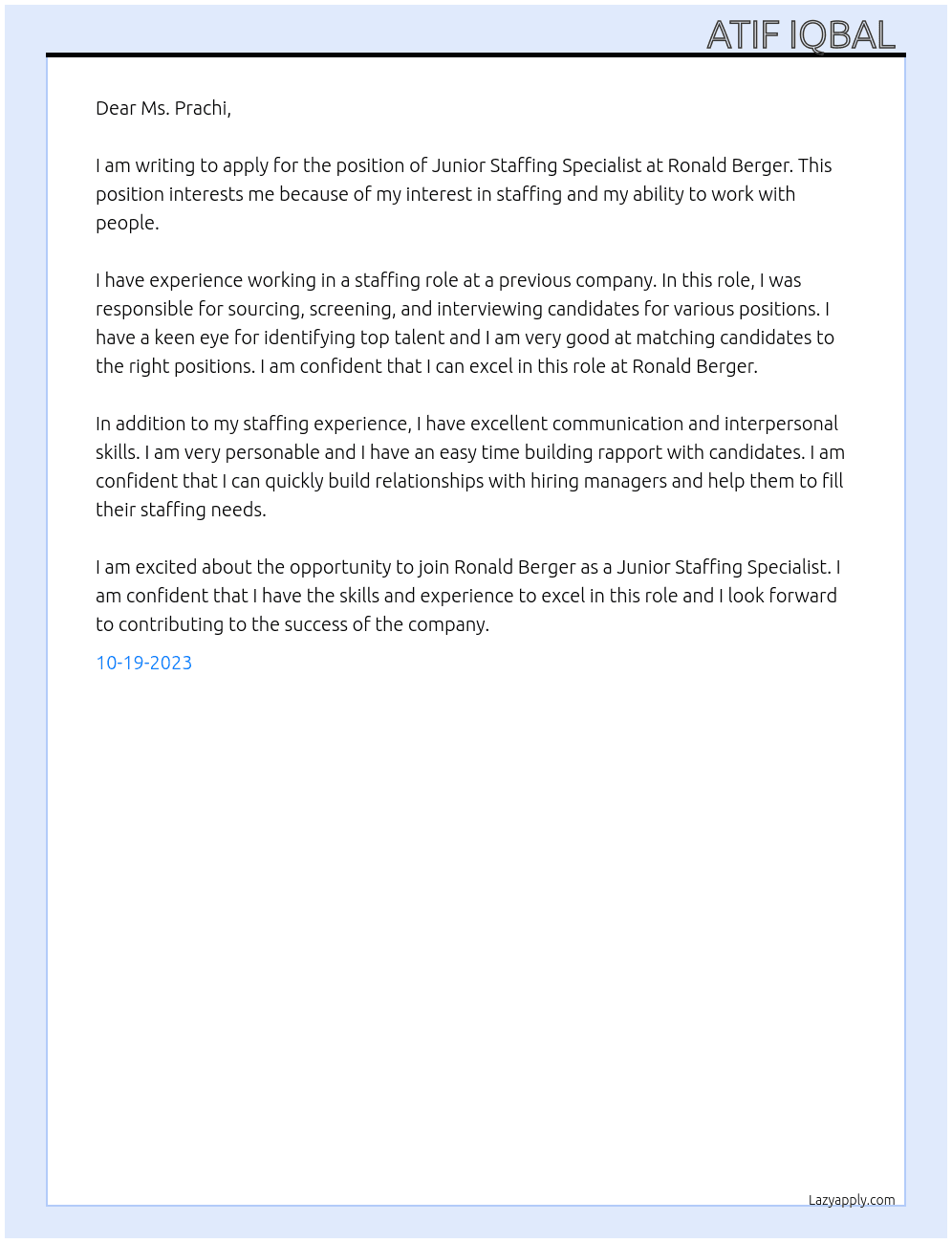 Junior Staffing Specialist  At Ronald Berger  Cover Letter