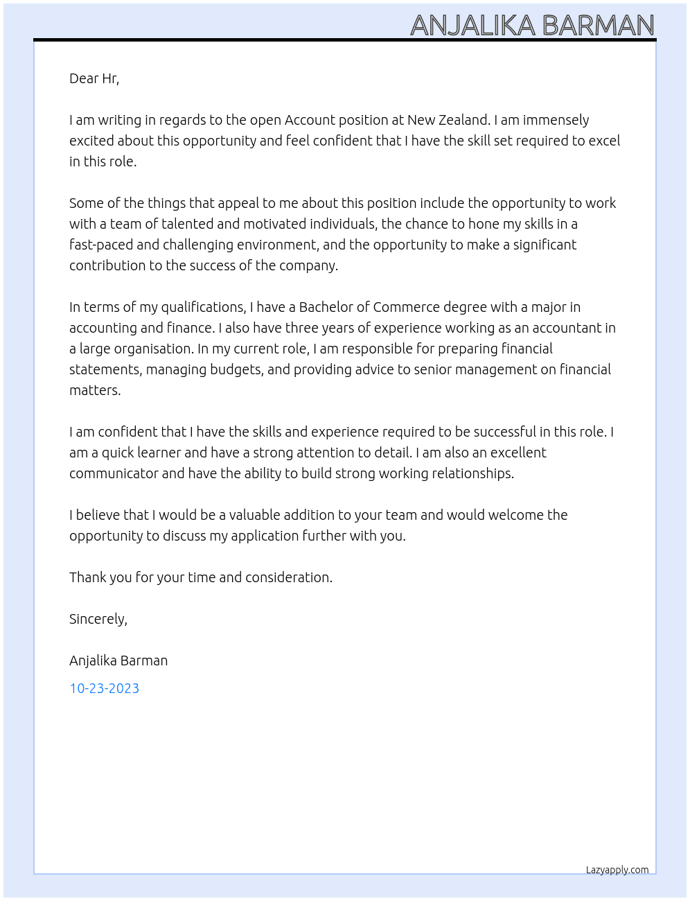 Account At New Zealand Cover Letter
