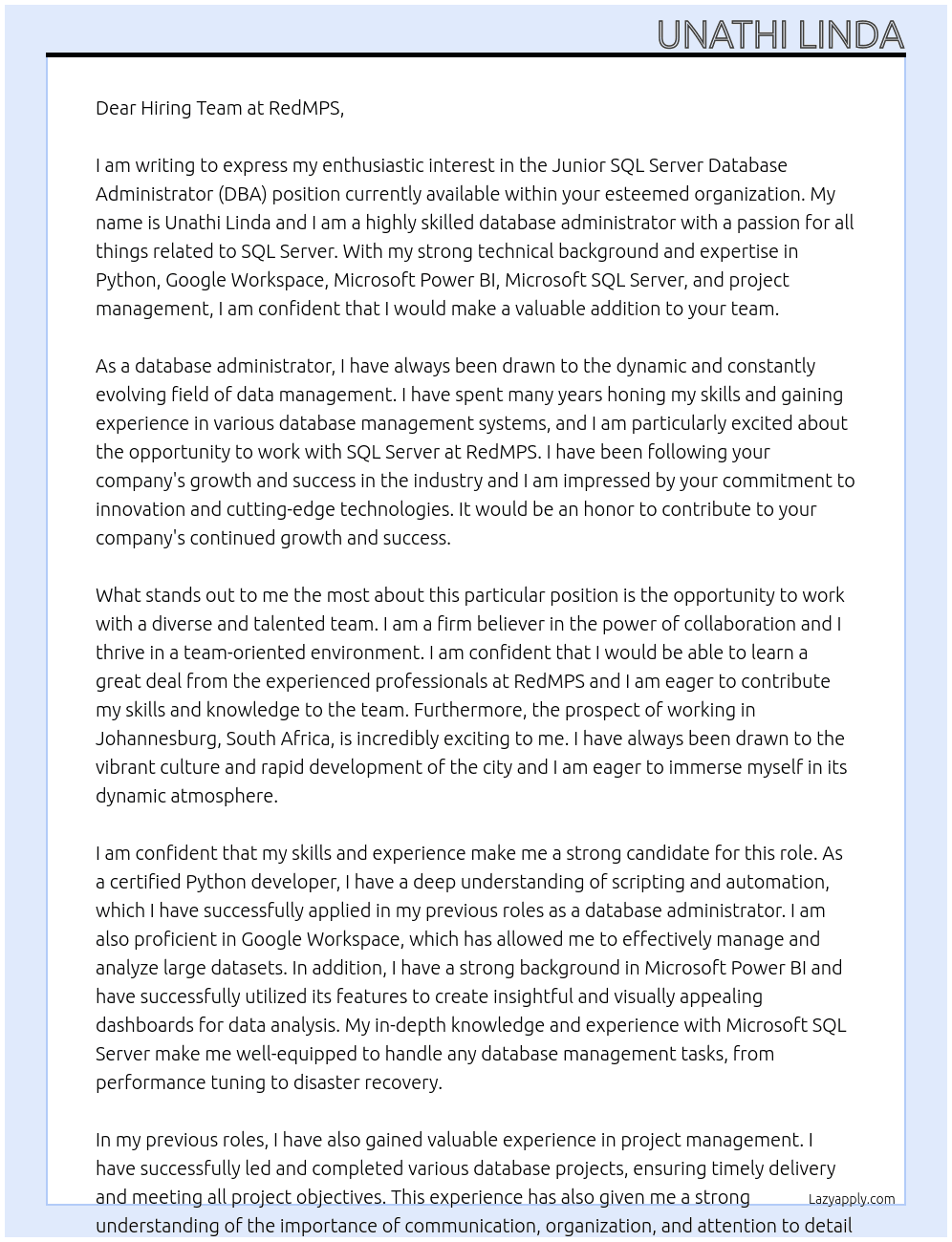 Junior SQL Server Database Administrator (DBA) At RedMPS Cover Letter
