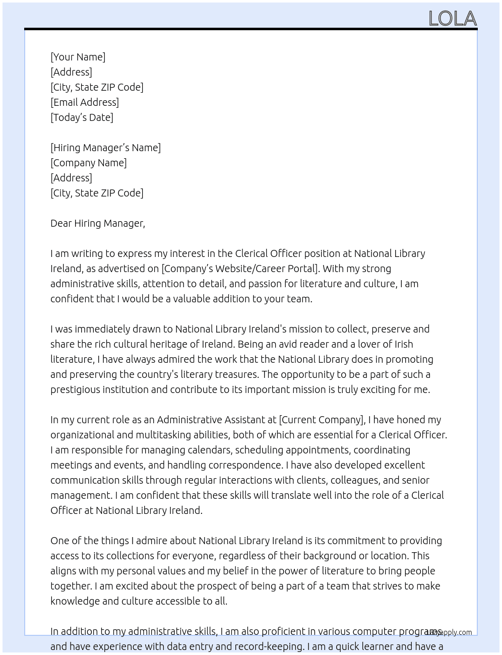 Clerical Officer At National Library Ireland Cover Letter