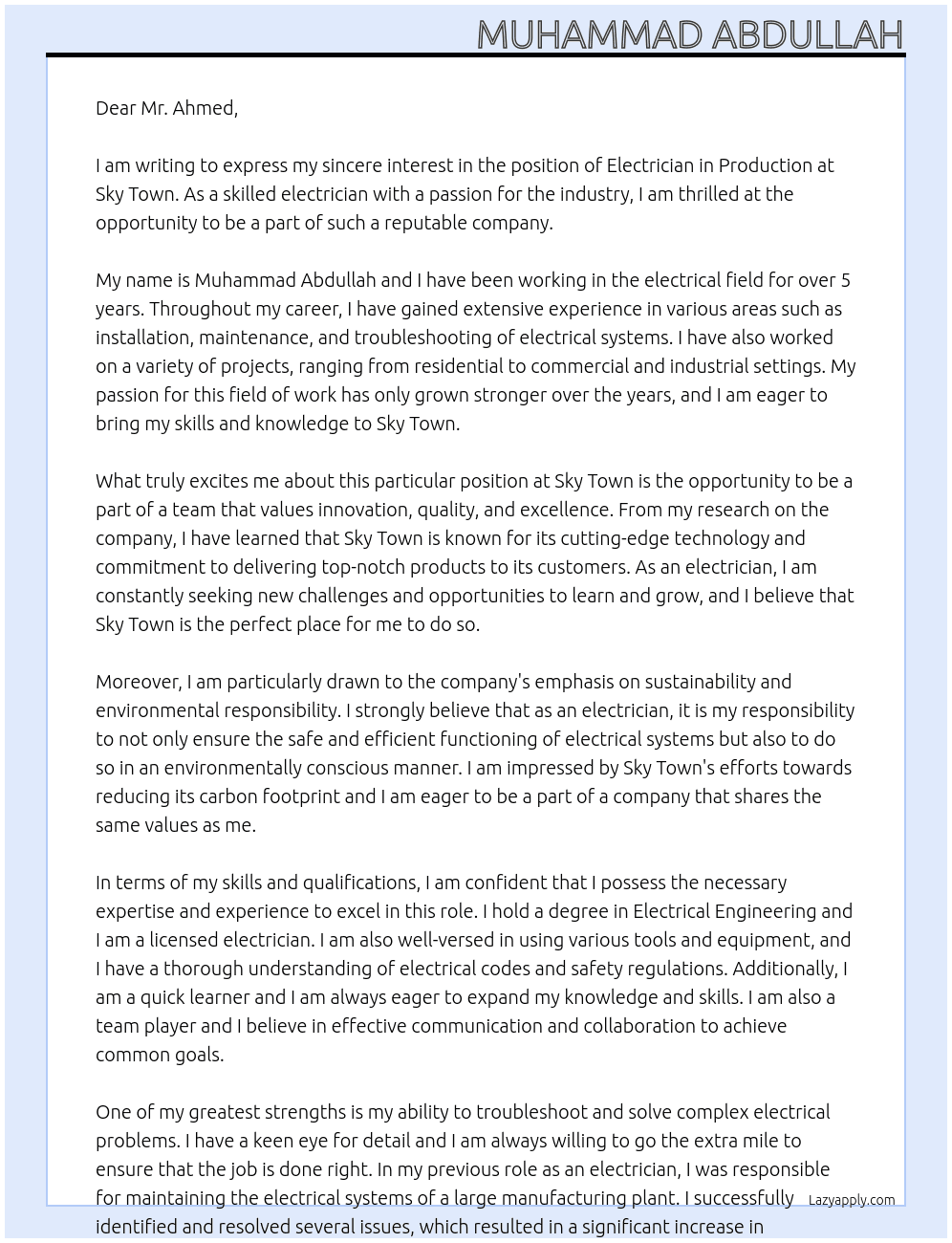 Electrician in production At Sky town Cover Letter