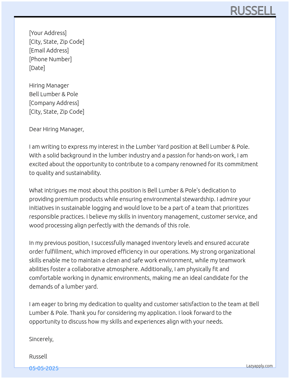 lumber yard At Bell Lumber & Pole Cover Letter