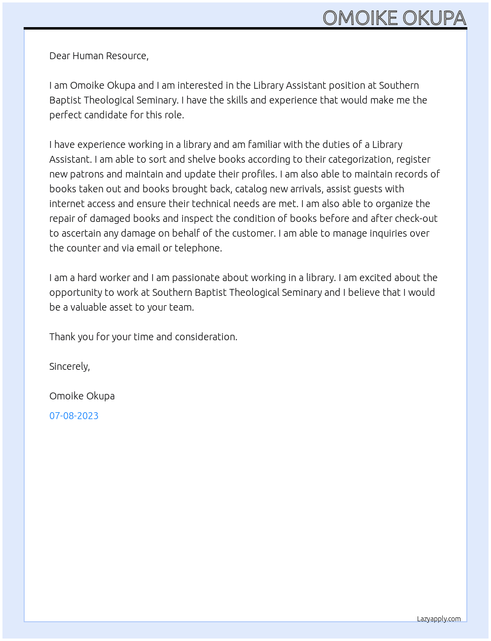 Library Assistant At Southern Baptist Theological Serminary Cover Letter