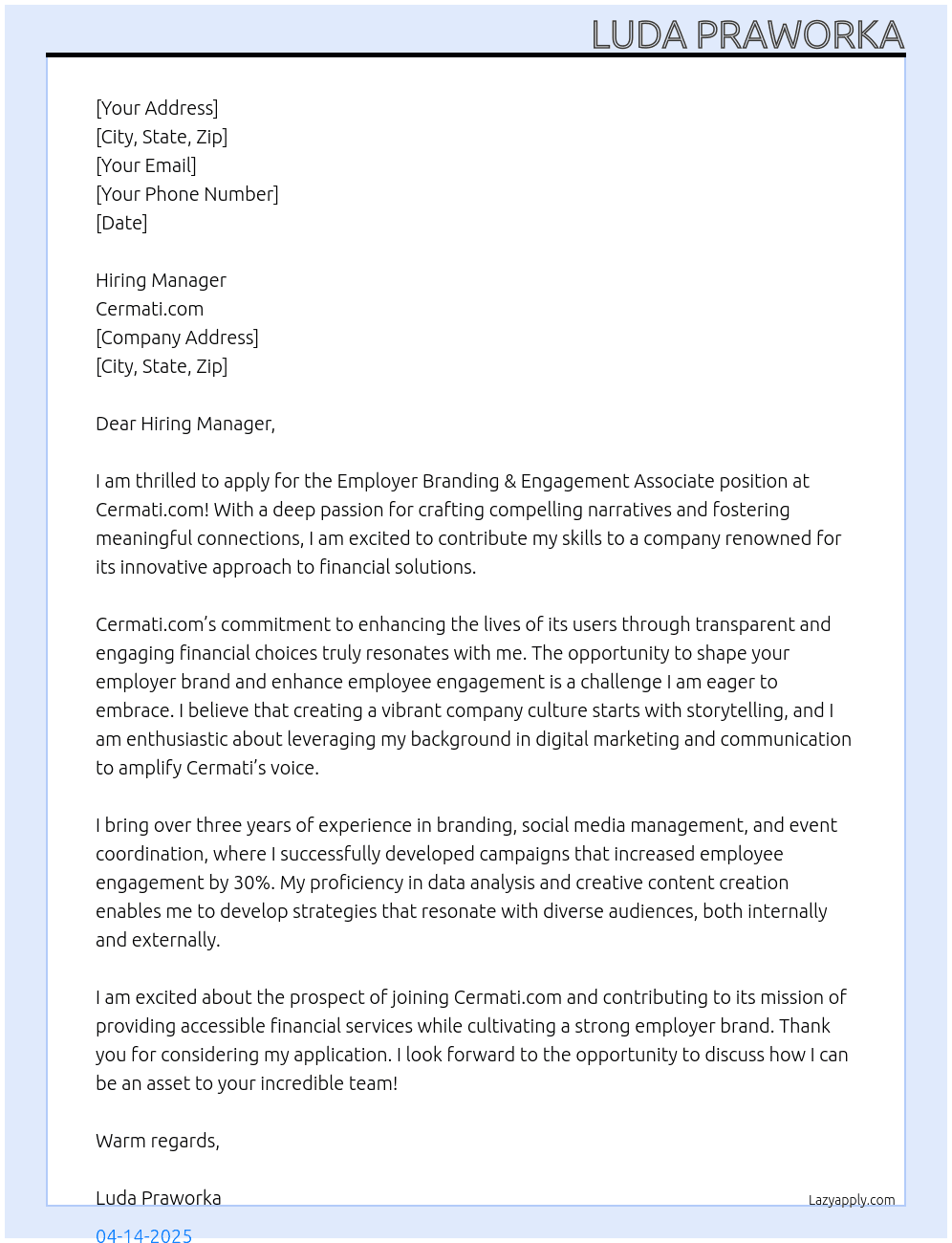 Employer Branding & Engagement Associate At Cermati.com Cover Letter