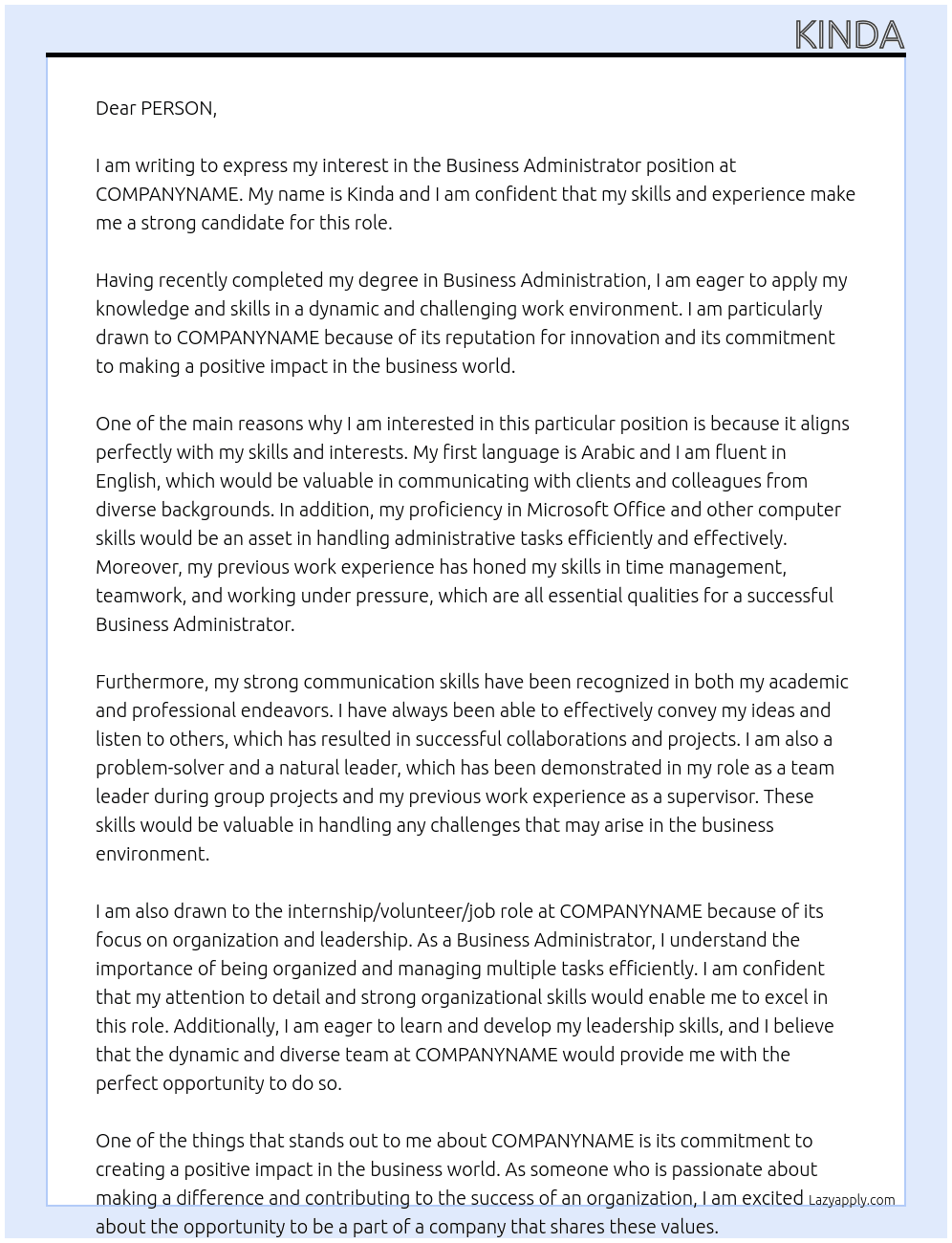 business administrator At COMPANYNAME Cover Letter