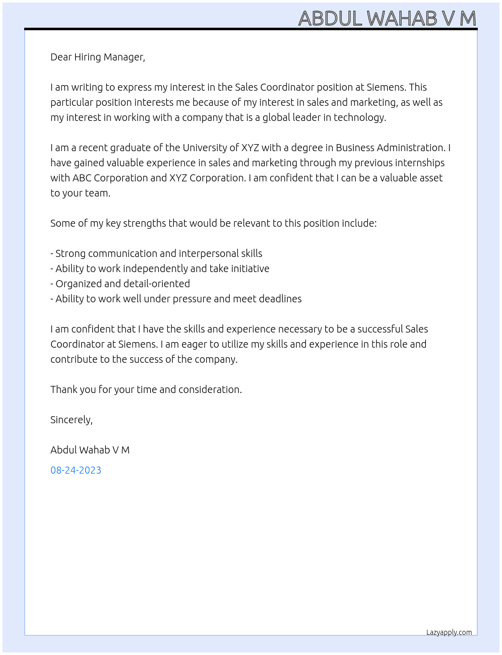 sales coordinator  At Siemens  Cover Letter