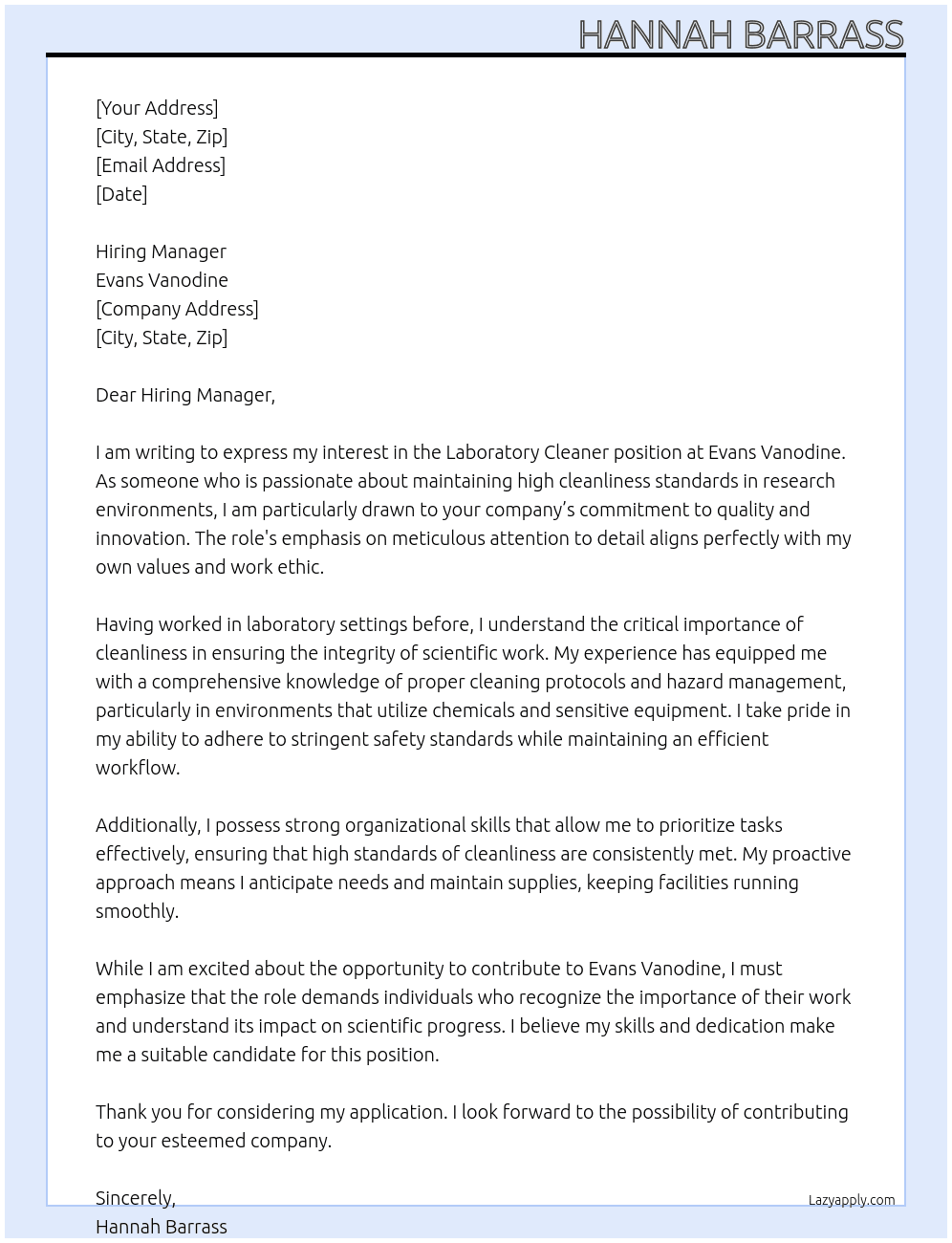 Laboratory cleaner At Evans Vanodine Cover Letter