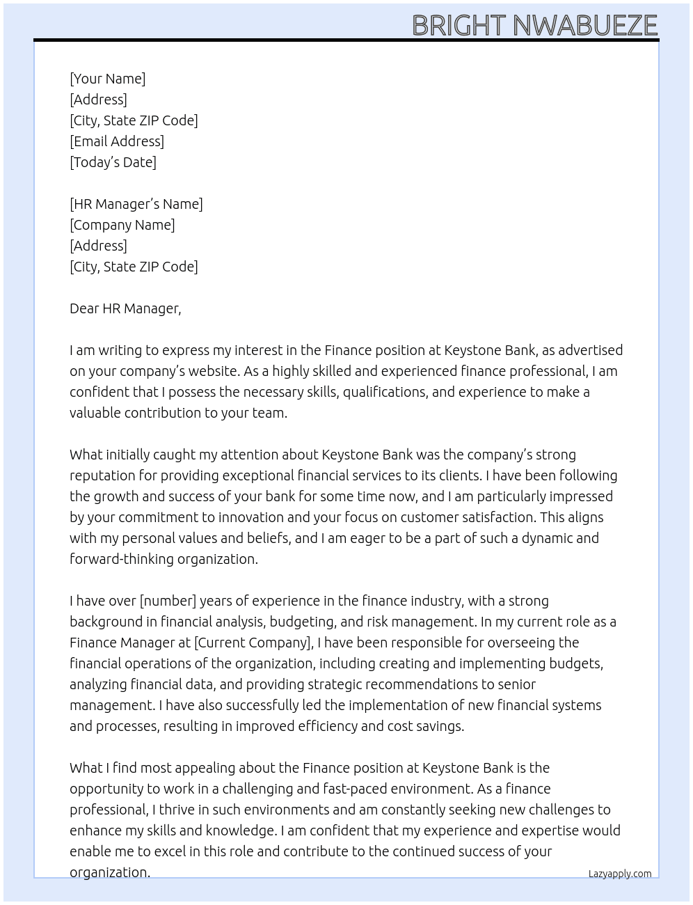 Finance At Keystone Bank Cover Letter