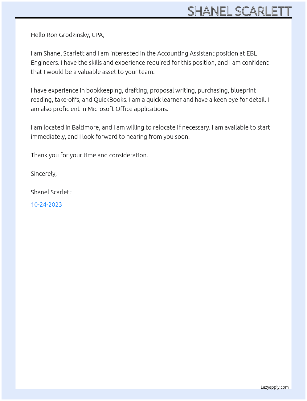 Accounting Assistant At EBL Engineers Cover Letter