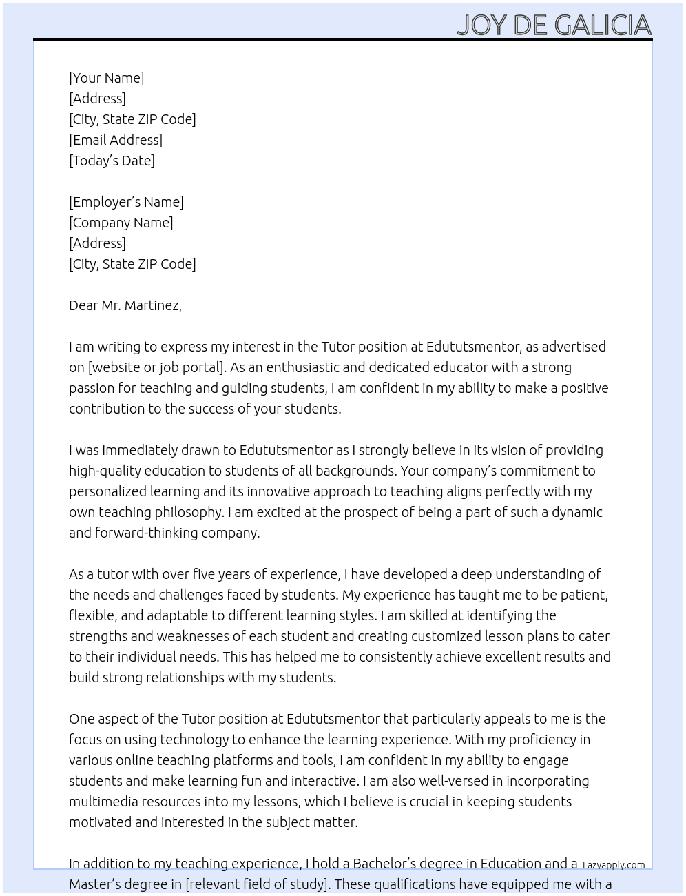 Tutor At Edututsmentor Cover Letter