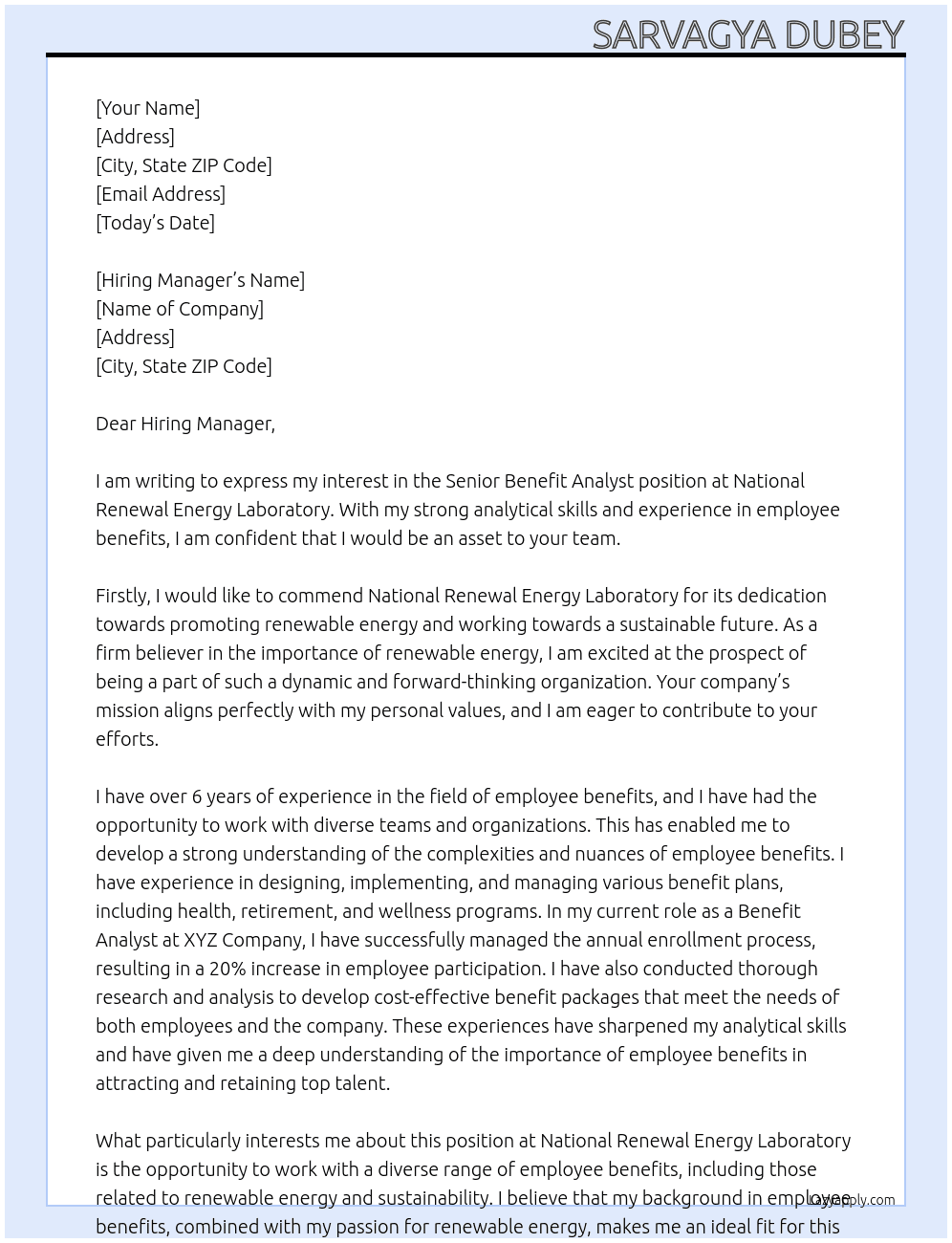 Senior Benefit Analyst At National Renewal Energy Laboratory Cover Letter