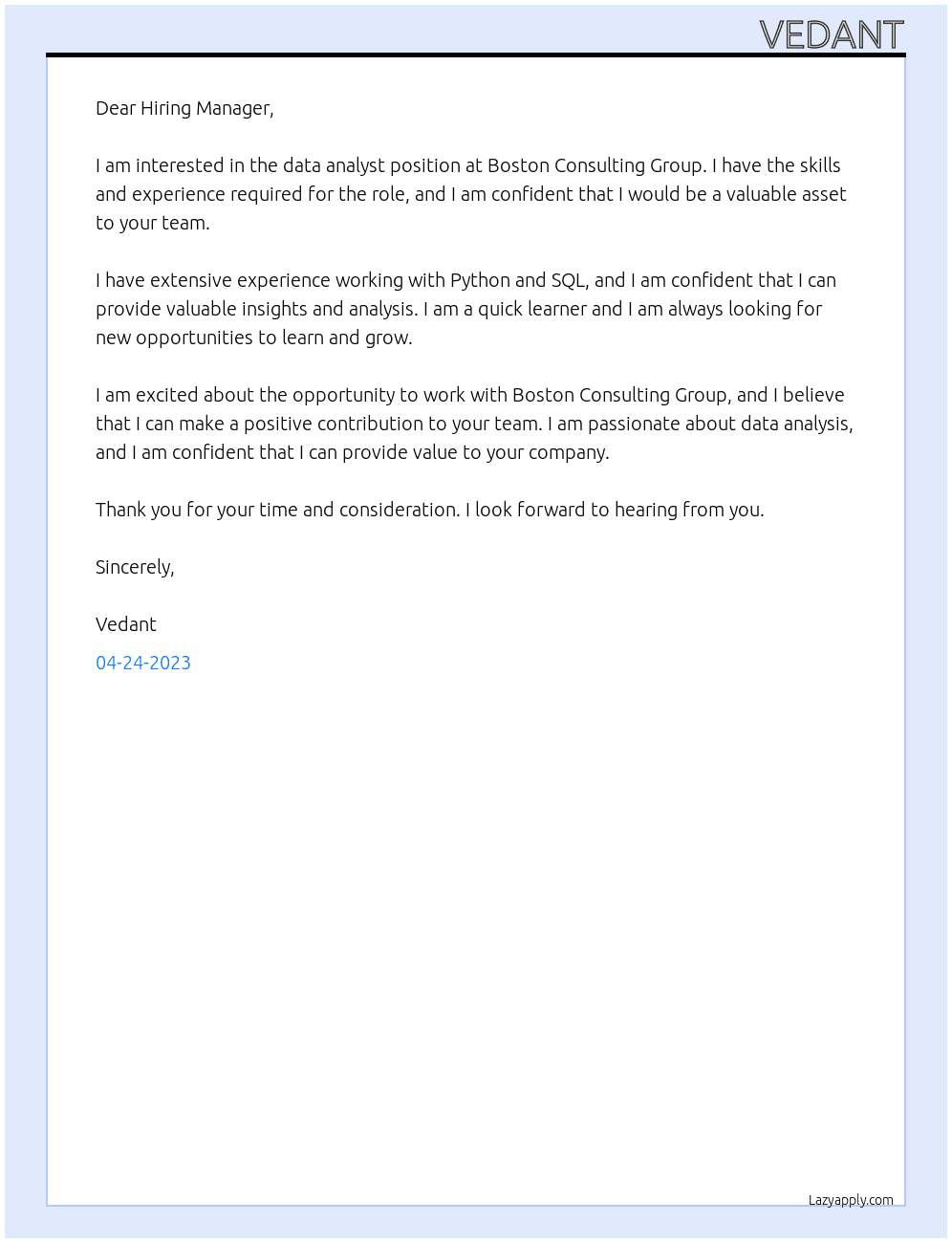 Data analyst At Boston consultancy group Cover Letter