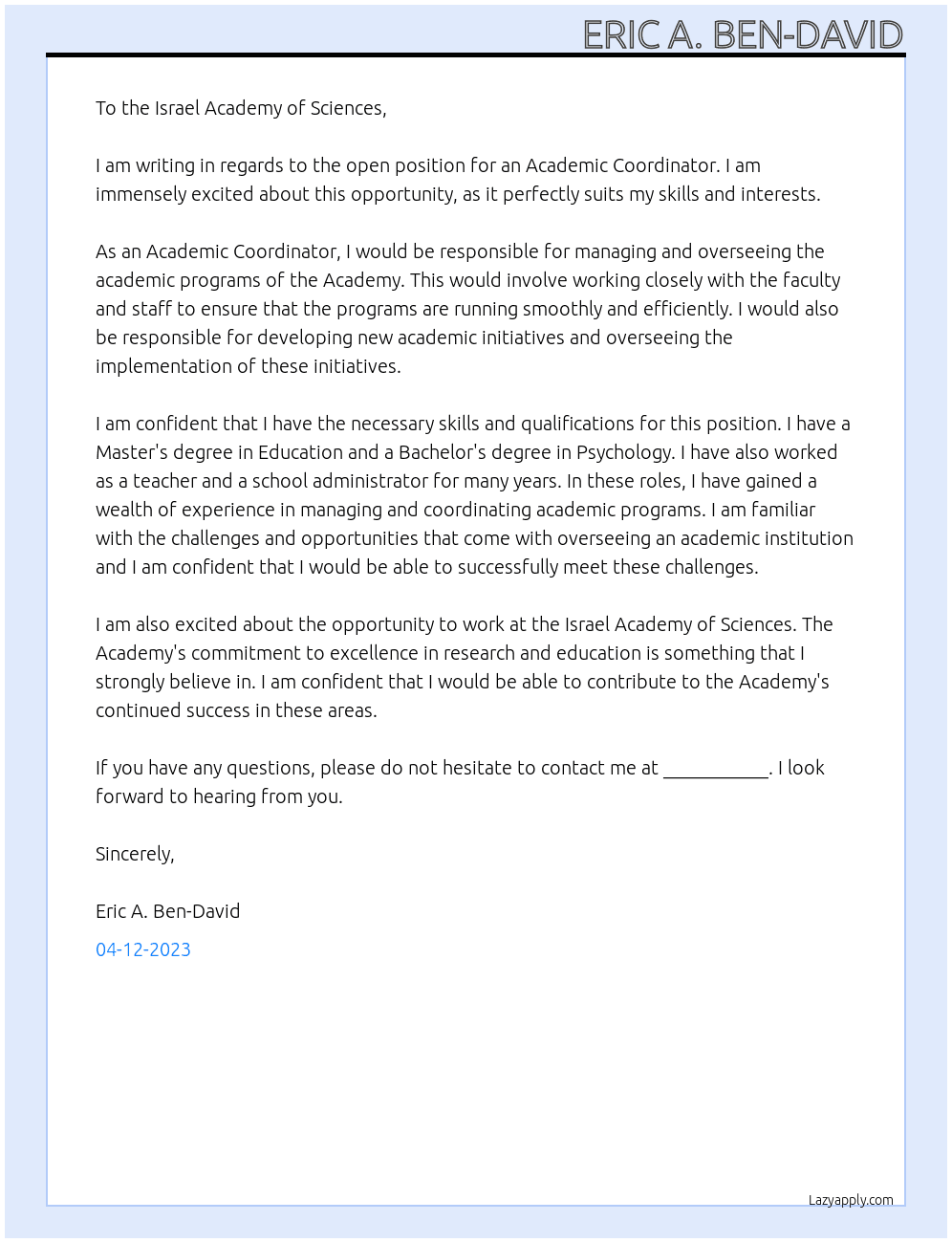 Academic Coordinator At The Israel Academy of Sciences  Cover Letter
