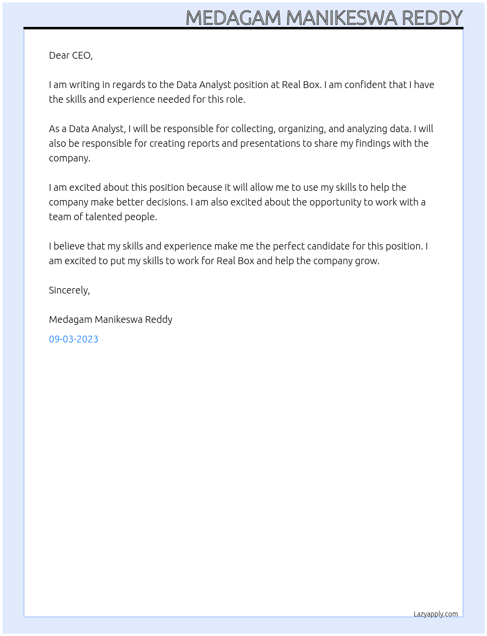 Data Analyst  At Real Box Cover Letter