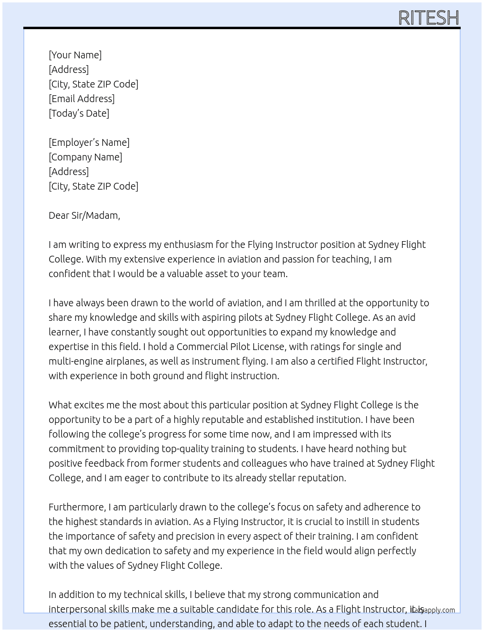 Flying Instructor At Sydney Flight College Cover Letter