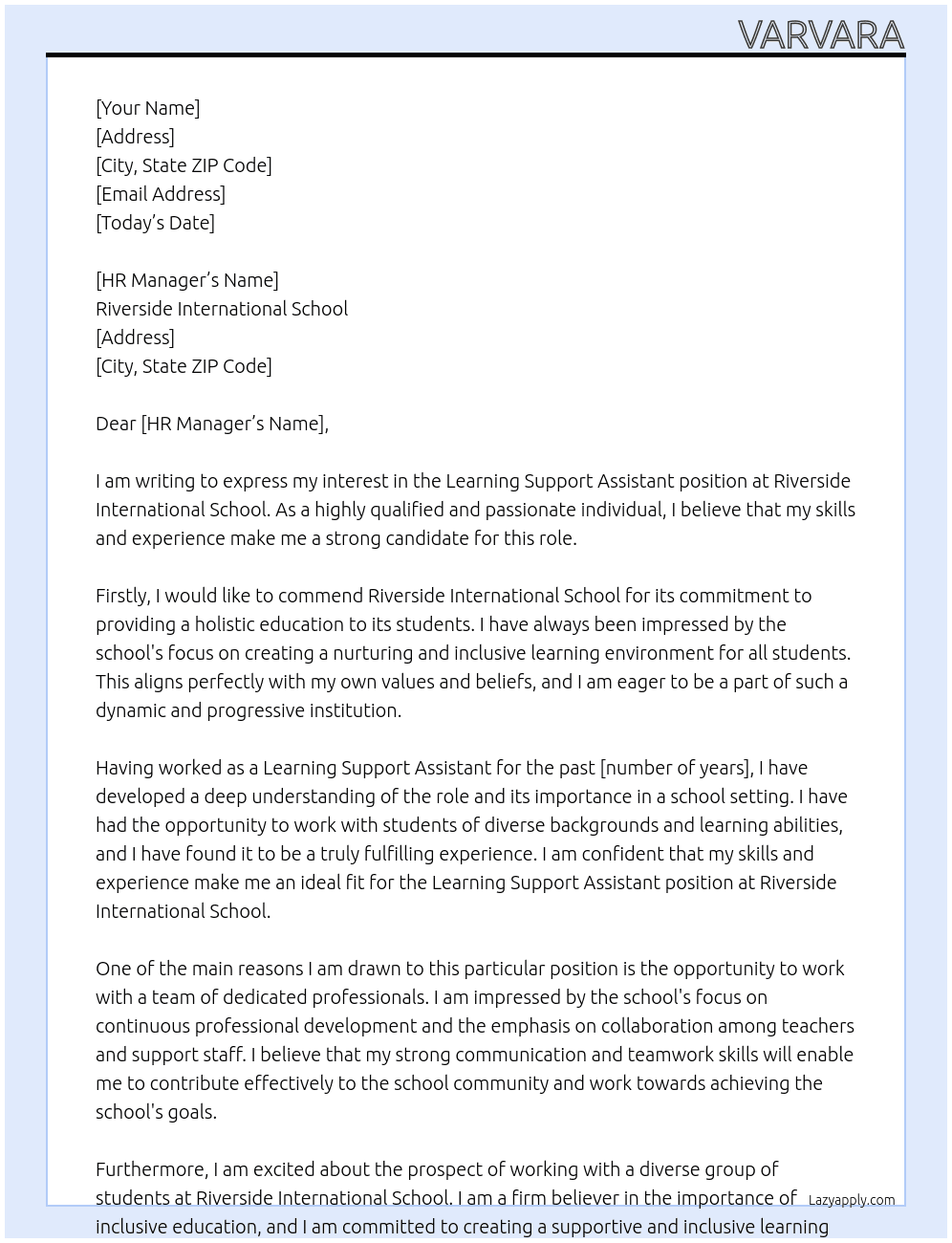 learning support assistant At Riverside International School Cover Letter