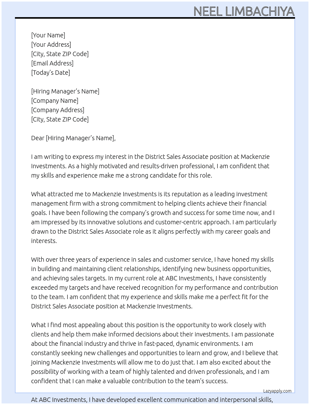 District Sales Associate At  Mackenzie Investments Cover Letter