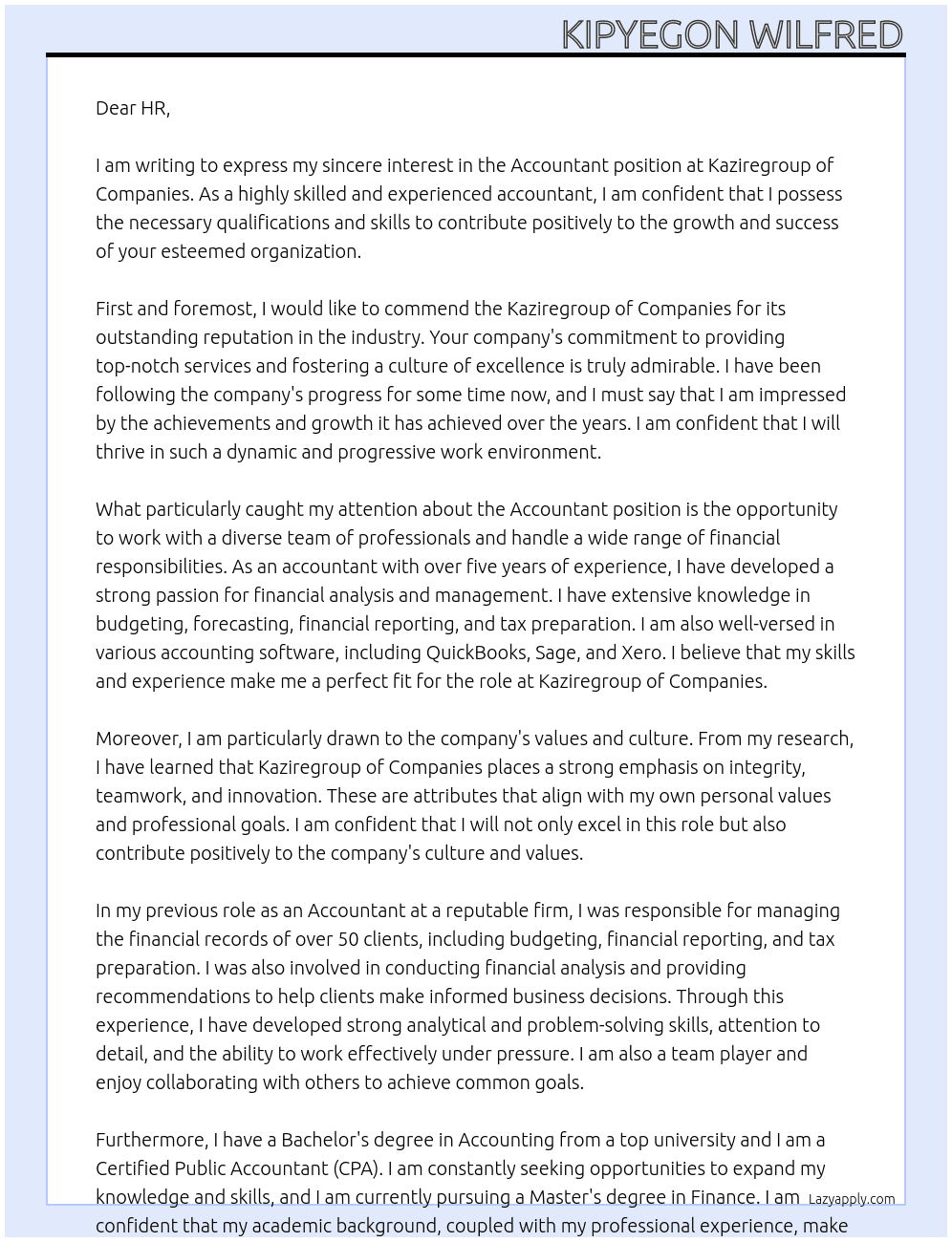 accountant At kaziregroup of companies Cover Letter