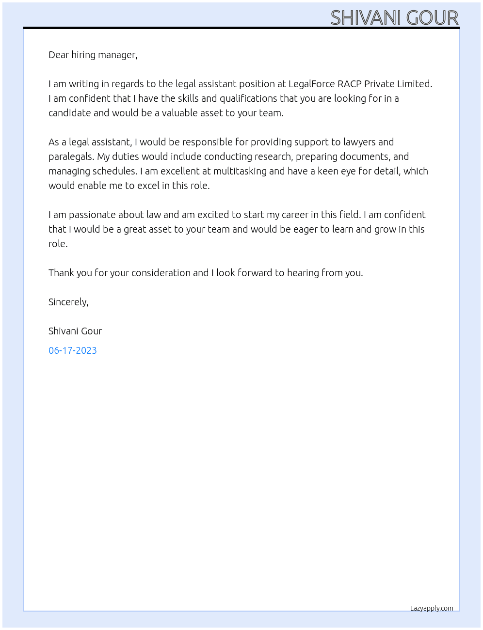 legal assistant At LegalForce RACP Private Limited Cover Letter