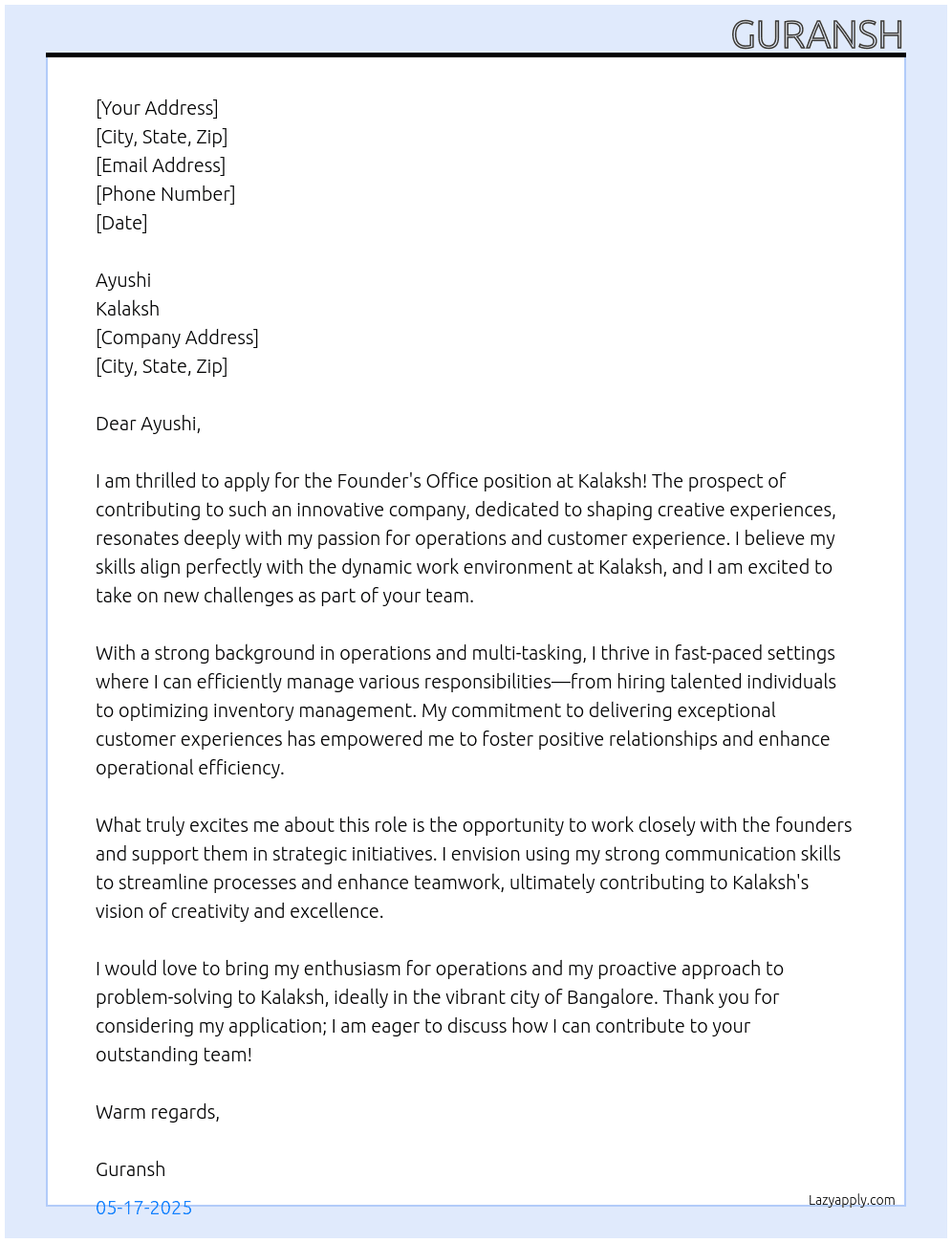 Founder's Office At Kalaksh Cover Letter