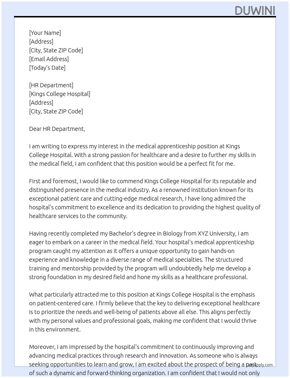 medical apprenticeship At kings college hospital Cover Letter