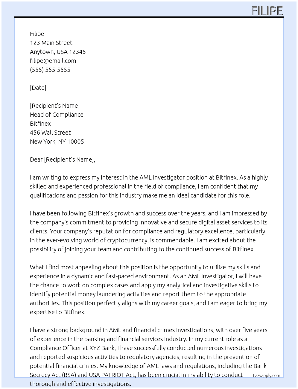 aml investigator At Bitfinex Cover Letter
