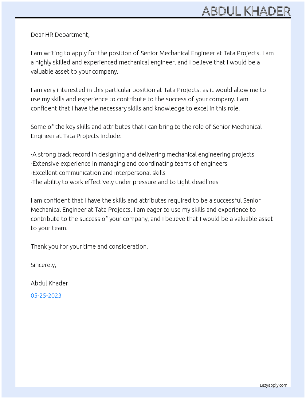 SENIOR MECHANICAL ENGINEER At TATA PROJECTS Cover Letter