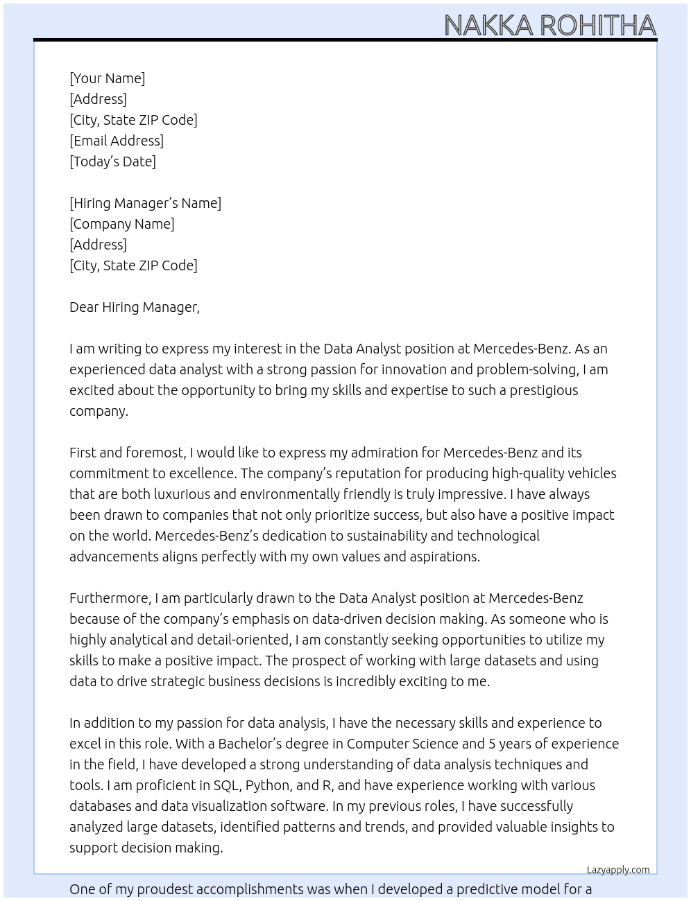 data analyst At Mercedes-BenZ Cover Letter