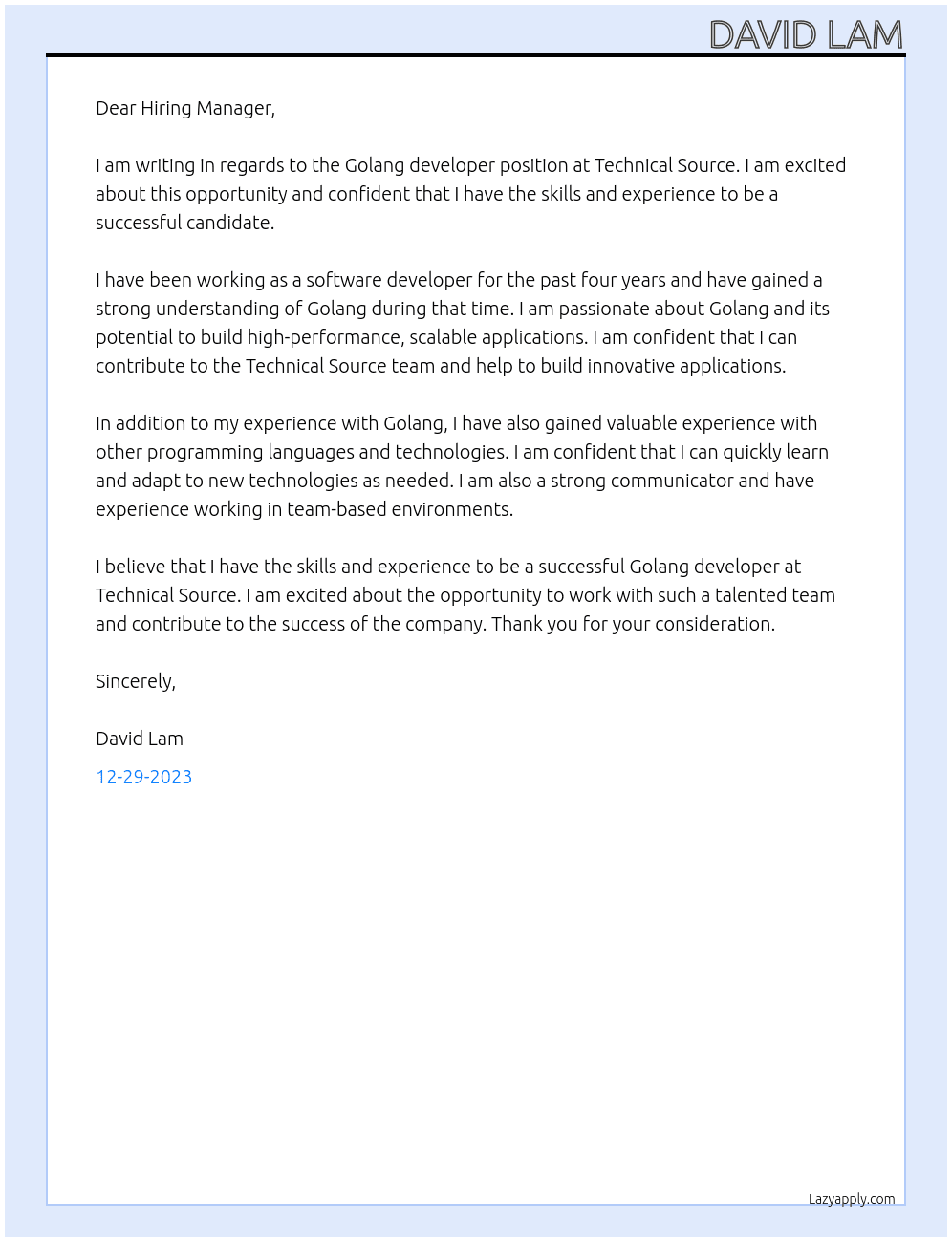 Golang developer At Technical Source Cover Letter