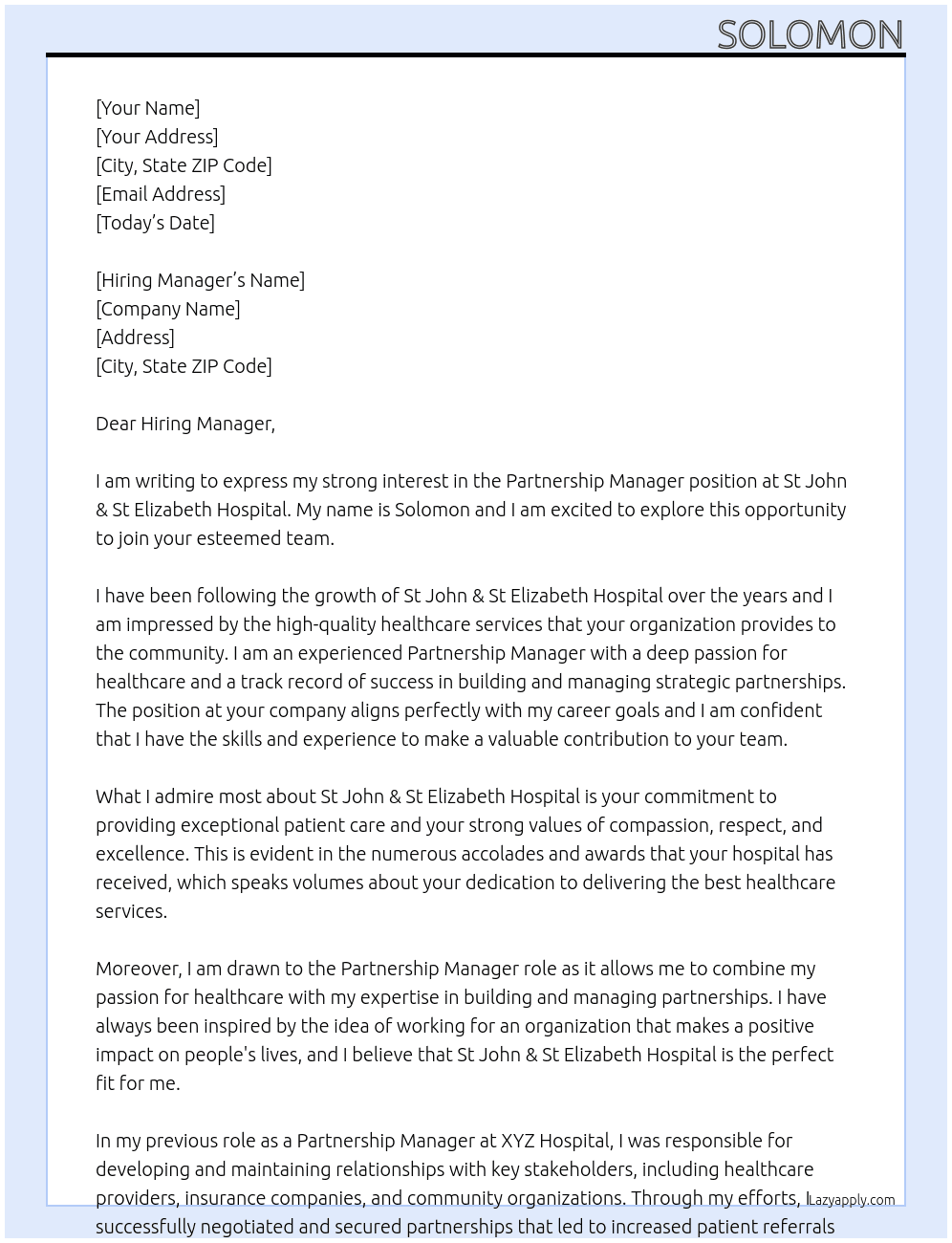 Partnership Manager  At St John & St Elizabeth Hospital Cover Letter