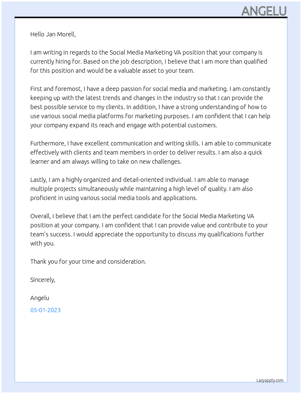 Social Media Marketing VA At German social media marketing agency Cover Letter