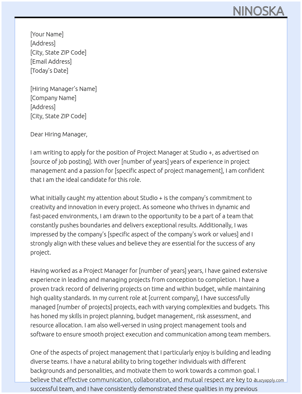 project manager At Studio + Cover Letter