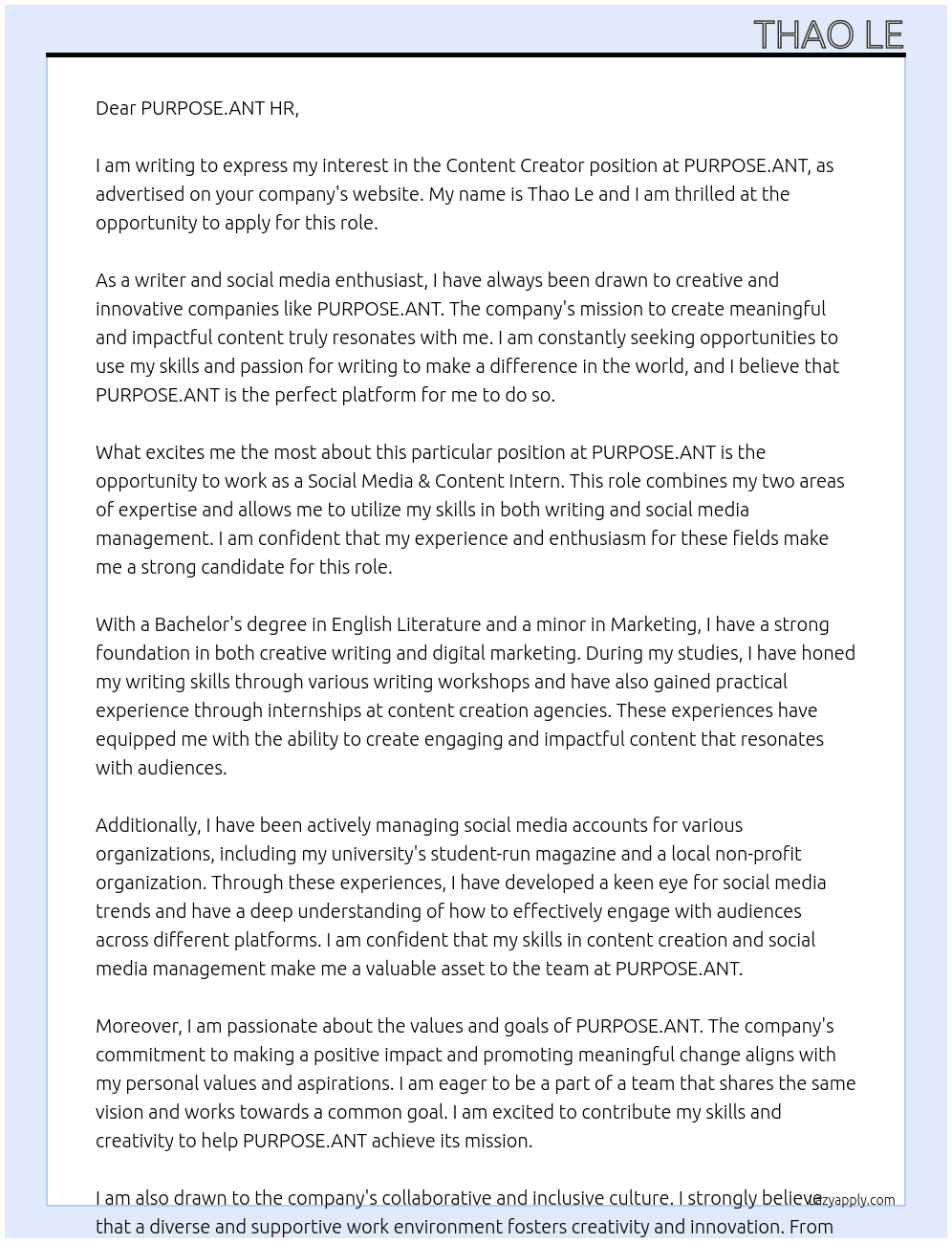 Content Creator At PURPOSE.ANT Cover Letter