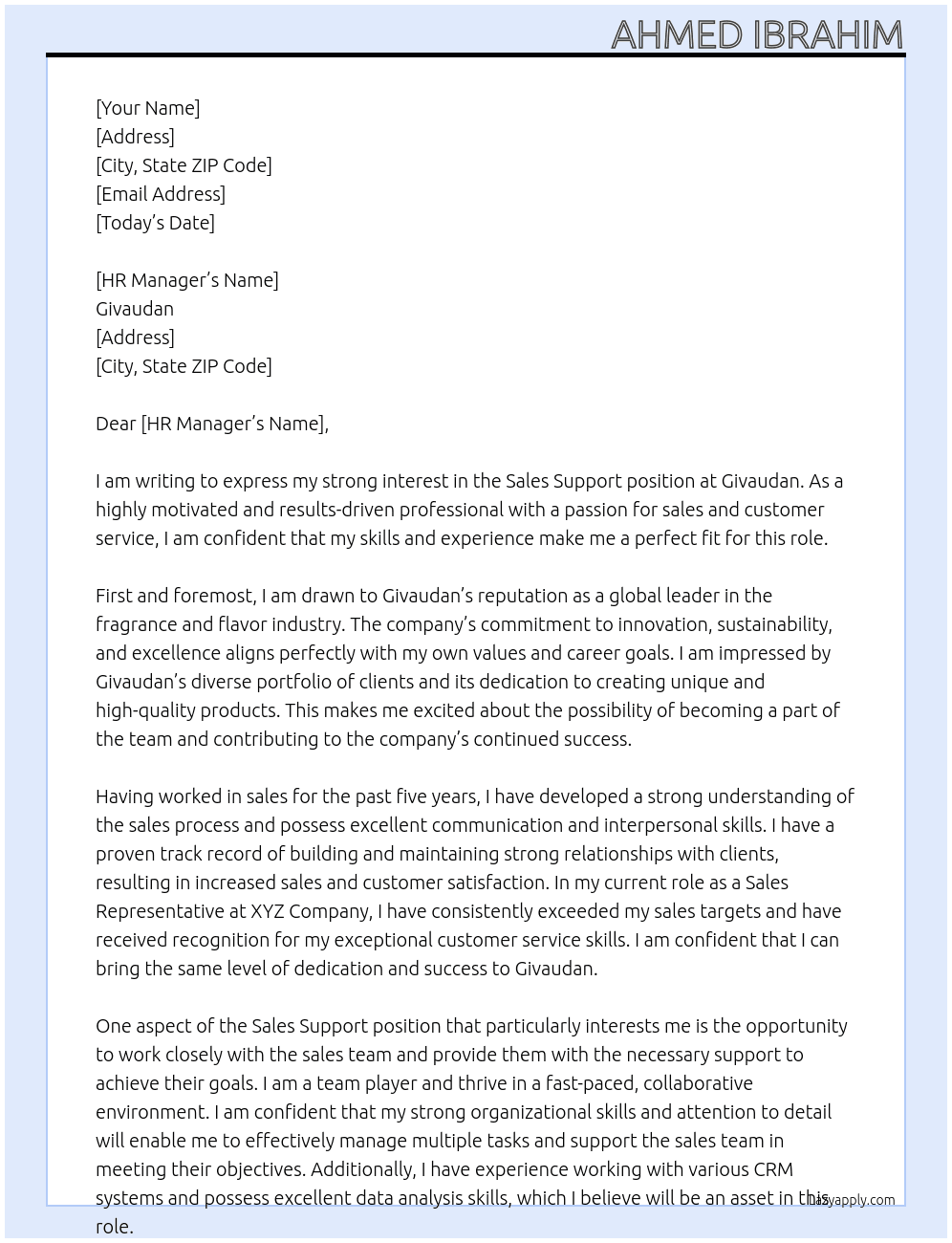 Sales Support At Givaudan  Cover Letter