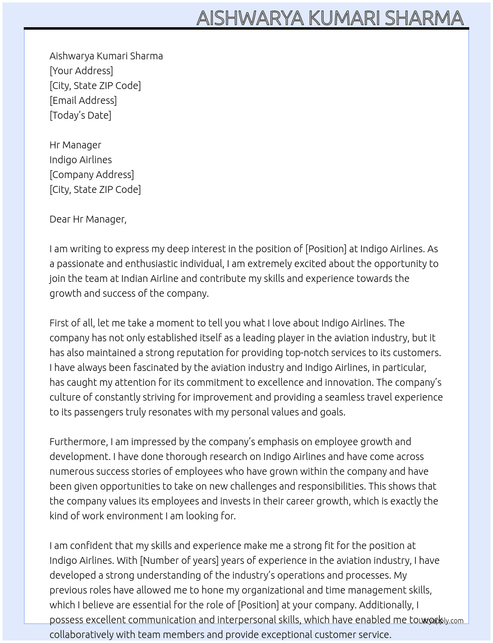 Indigo Airlines  At Indian Airline Cover Letter
