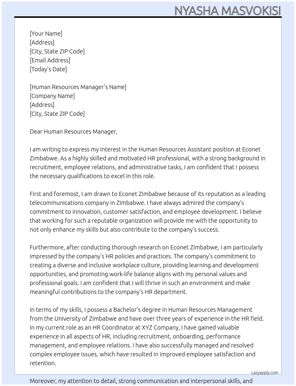 Human Resources Assistant At Econet Zimbabwe Cover Letter