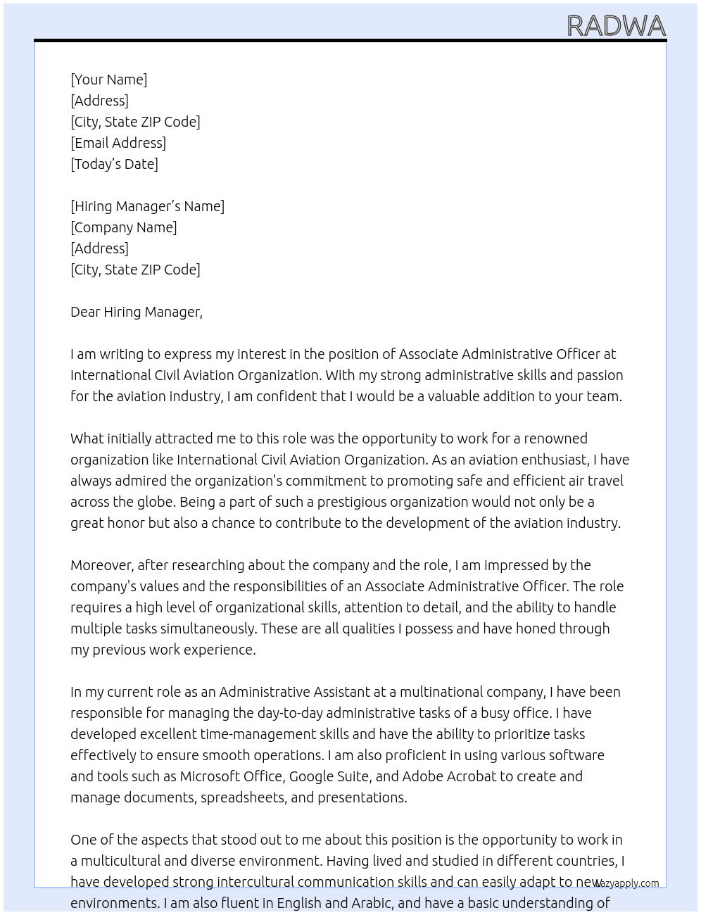 Associate Administrative Officer At International Civil Aviation Organization Cover Letter