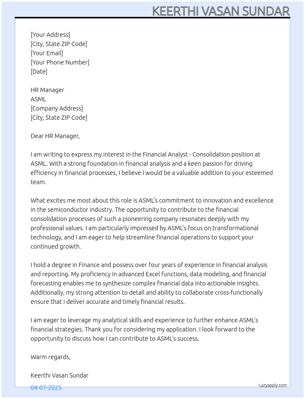 Cover letter for financial analyst- consolidation - LazyApply