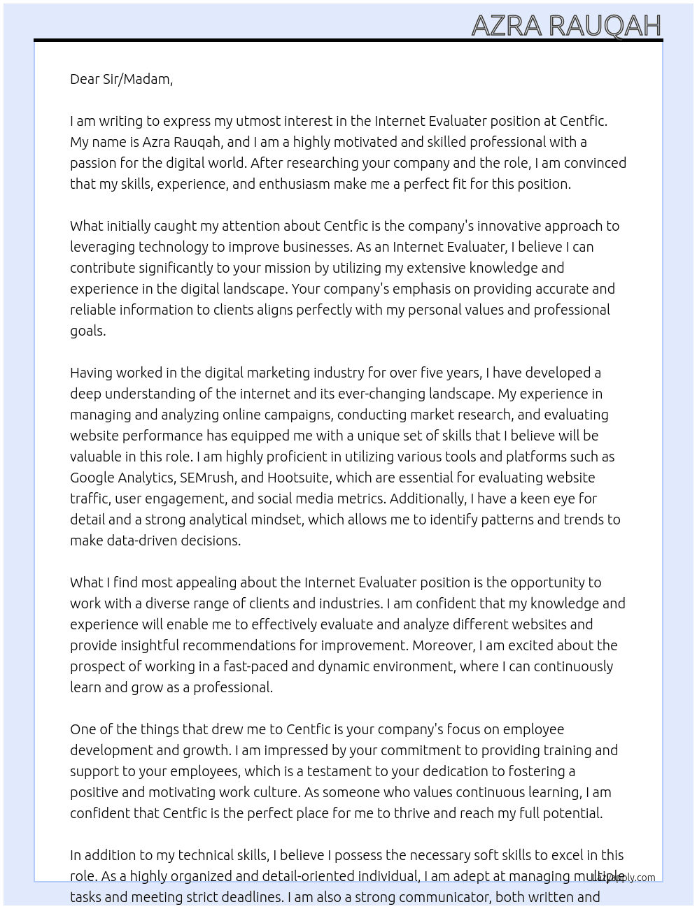 Internet Evaluater At Centfic Cover Letter