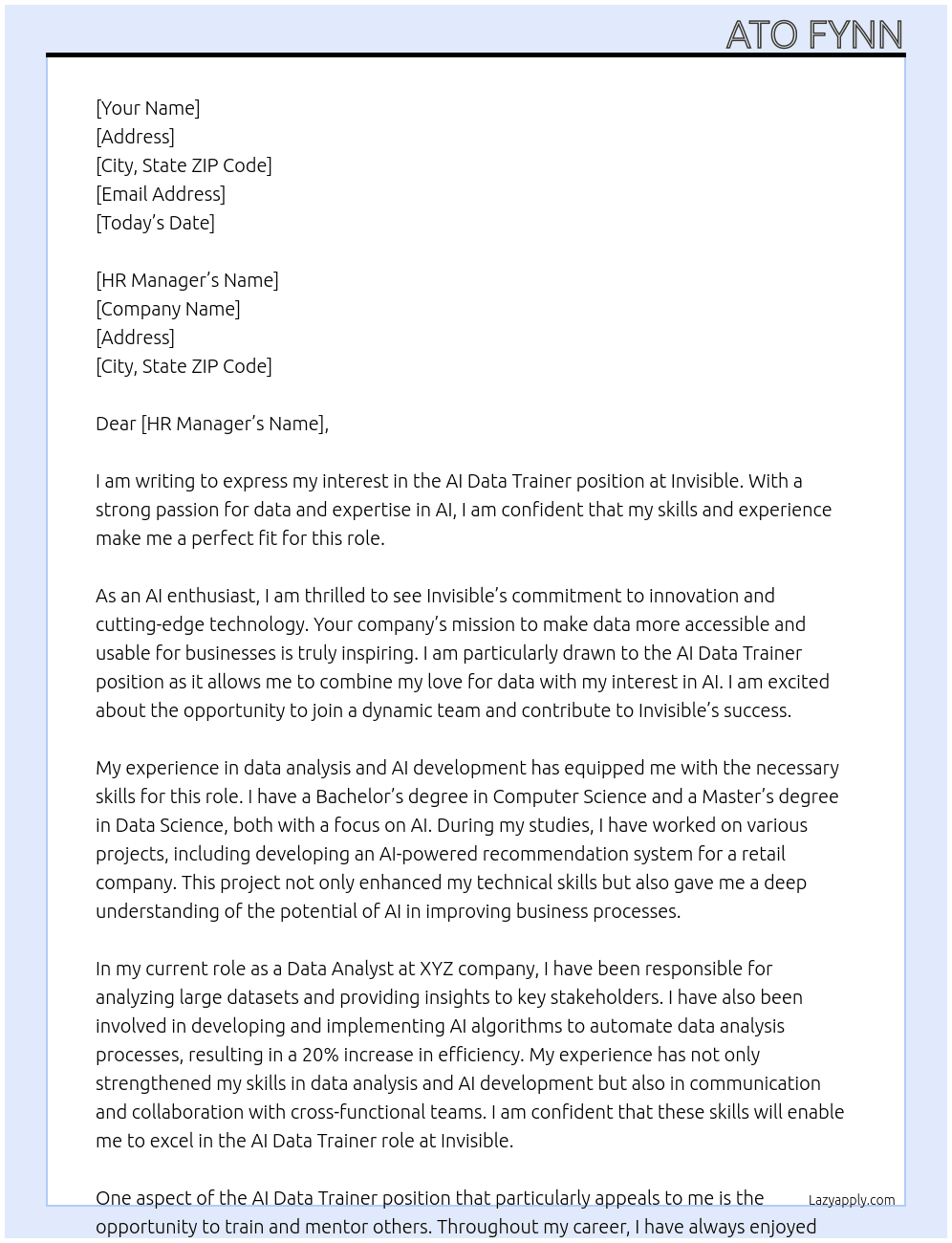 AI DATA TRAINER At INVISIBLE Cover Letter