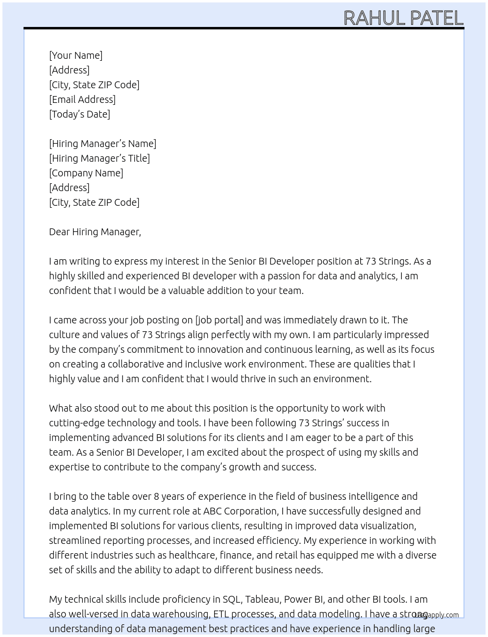 Cover letter for senior bi developer - LazyApply