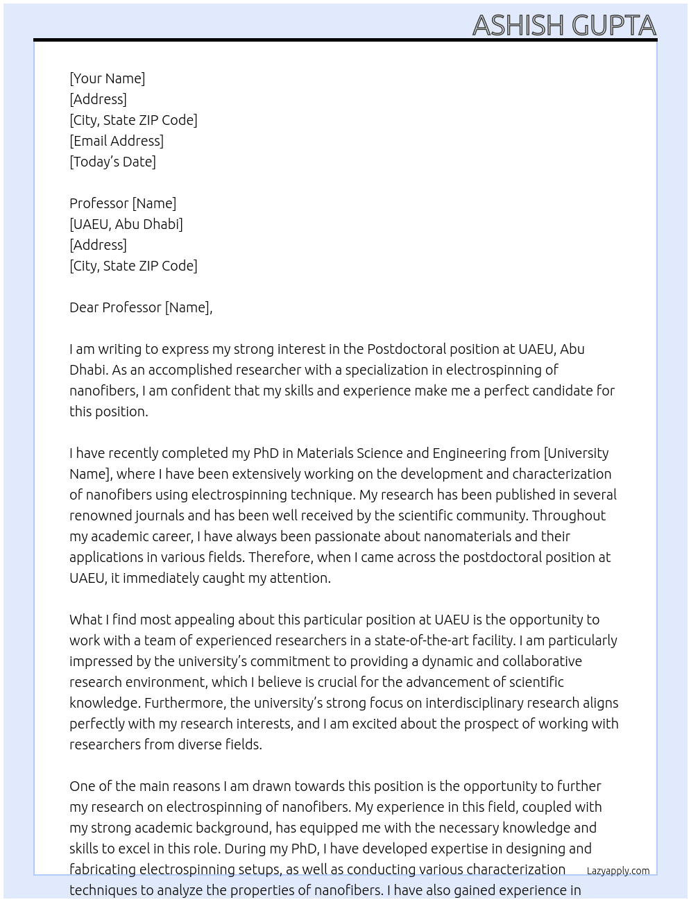 postdoctoral position At UAEU, Abu dhabhi Cover Letter