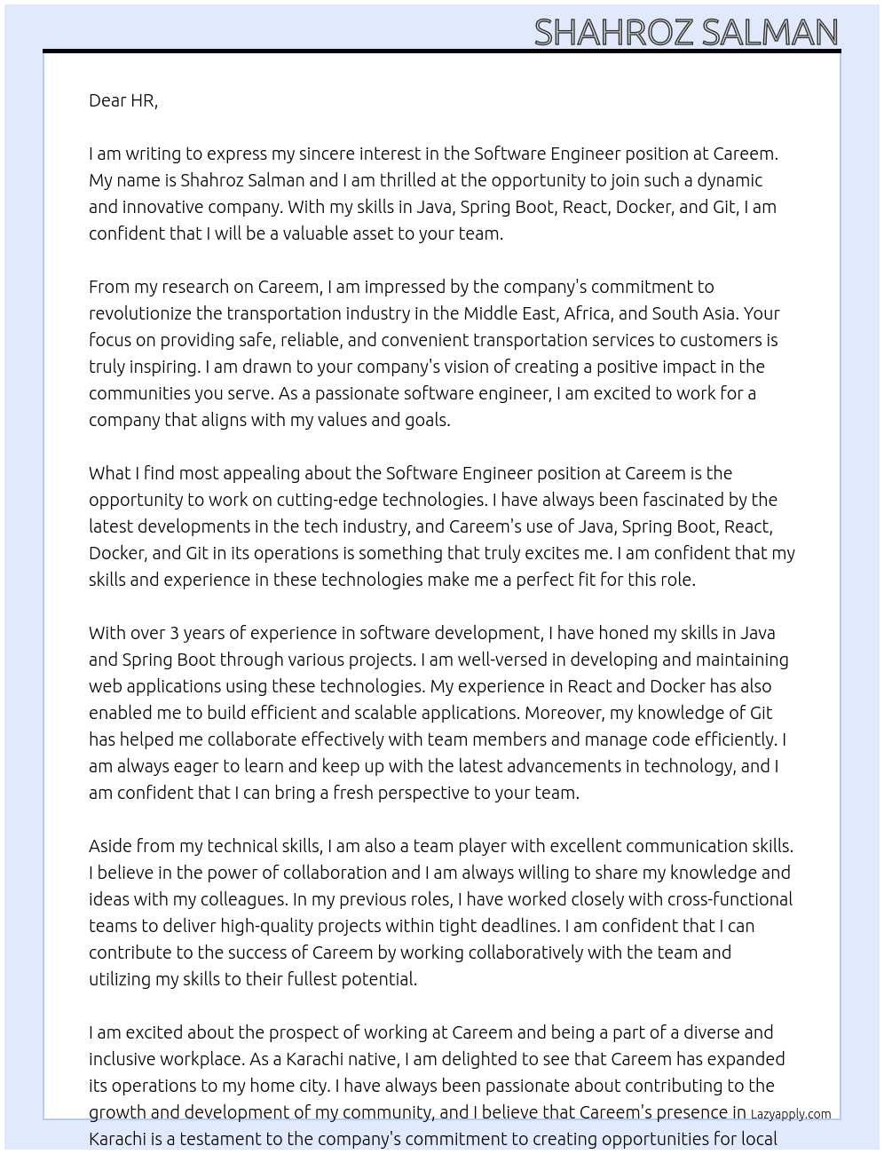 Software Engineer  At Careem Cover Letter