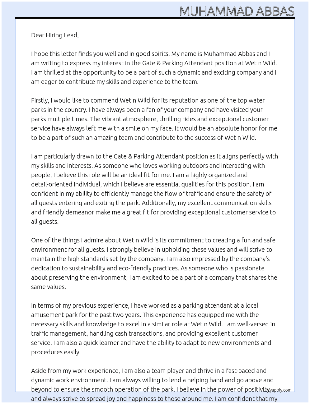 Gate & Parking attendant  At Wet n Wild Cover Letter